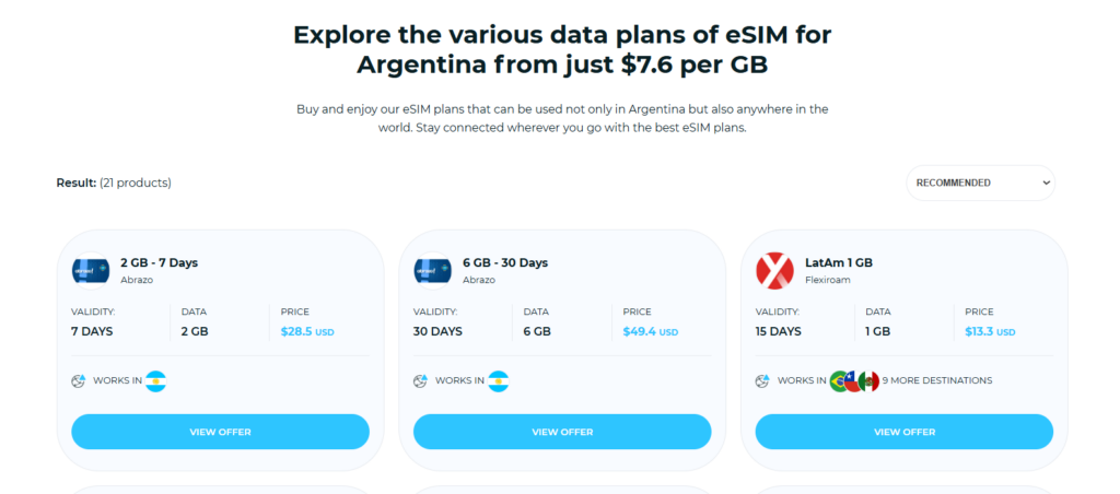 Argentina eSIM plans