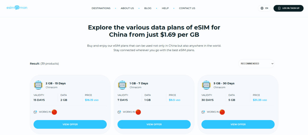 Chinese esim data plans