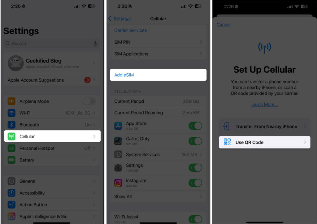 add esim using qr code