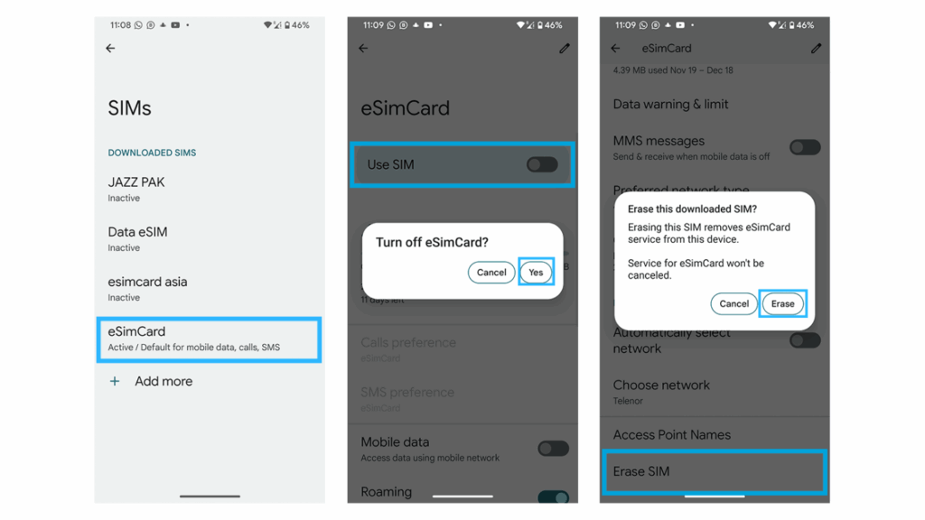 remove esim android